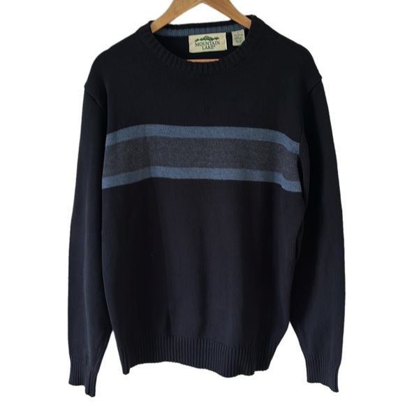 Retro Mountain Lake Chest Stripe Cotton Crewneck Navy Sweater - Picture 1 of 7
